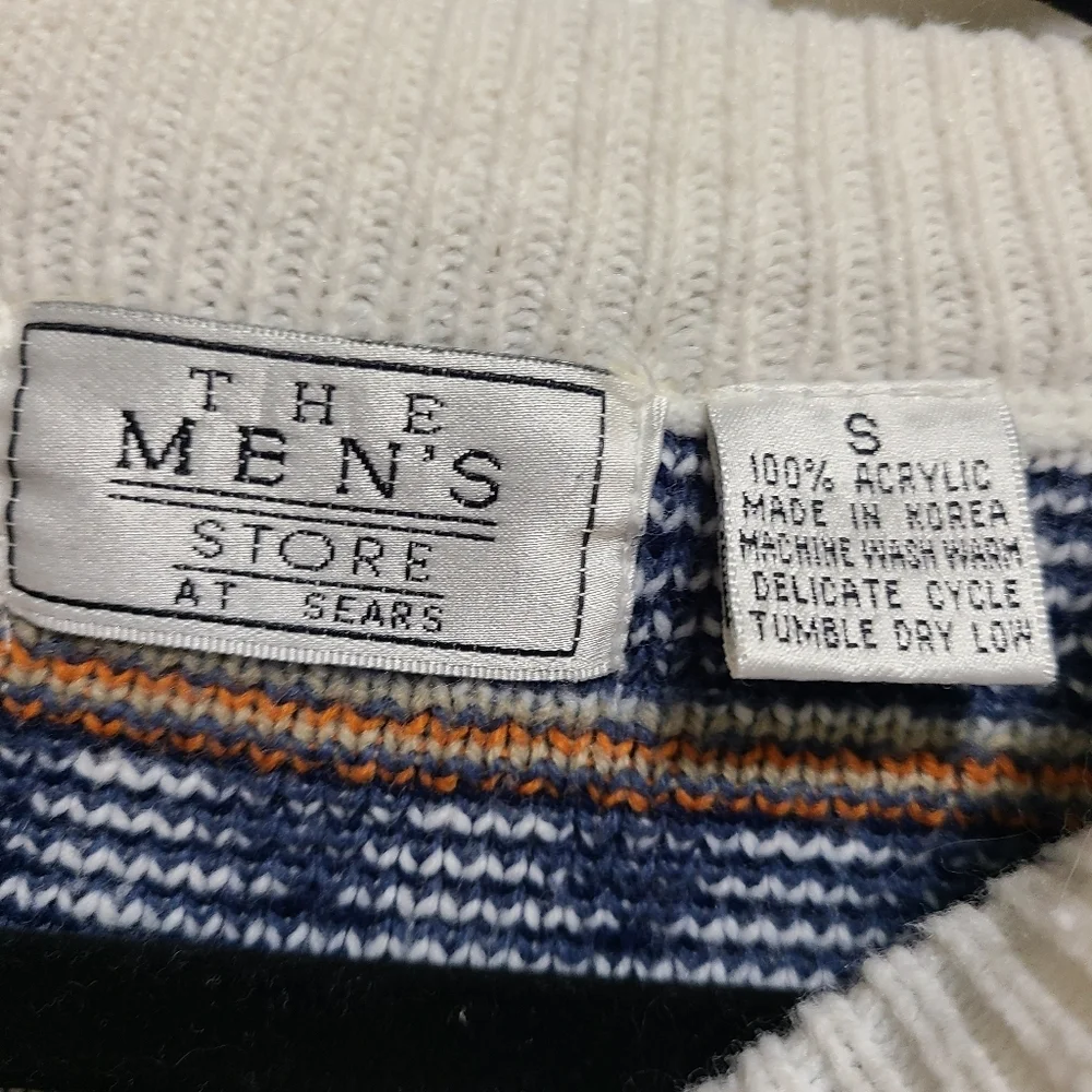 80's Vintage‎ Mens Store Sears Sweaters  White Blue Pullover Crewneck Knit SMALL
